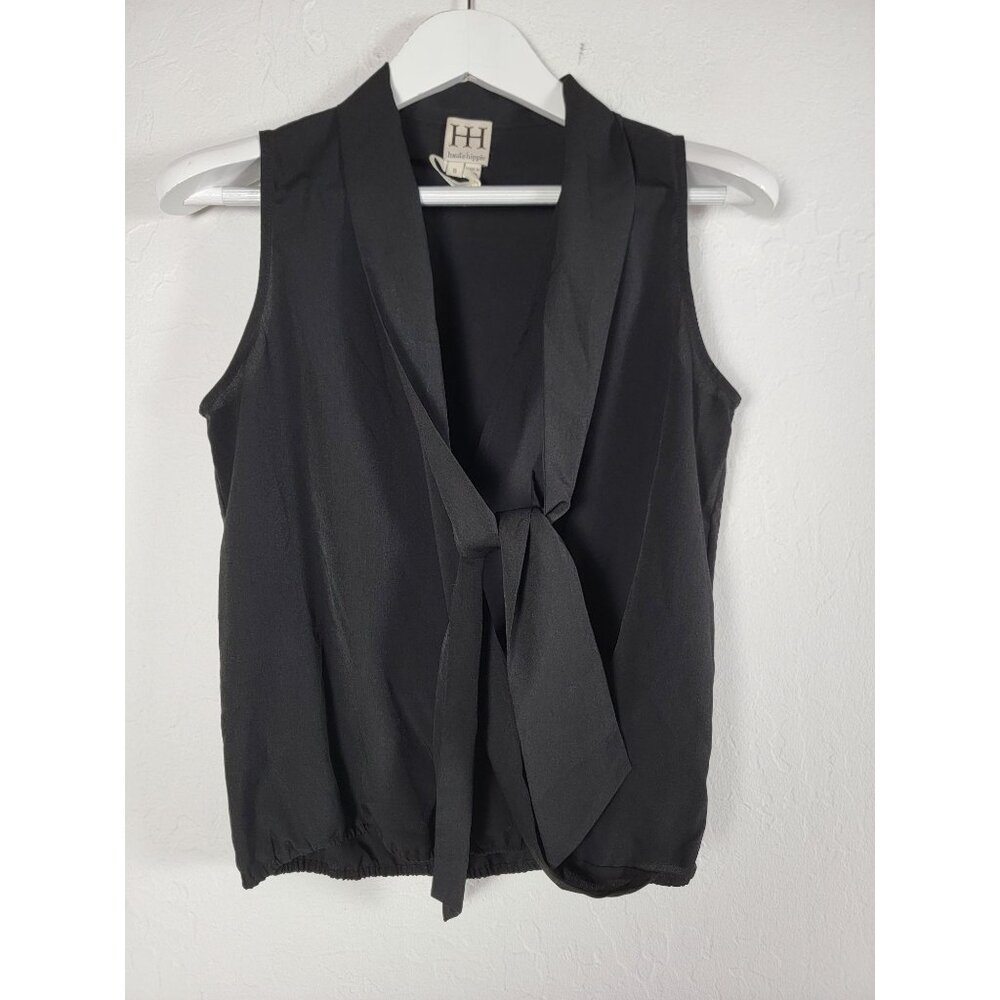 Haute Hippie Womens Black V-Neck Sleeveless Tie-Neck Top Blouse Small Casual